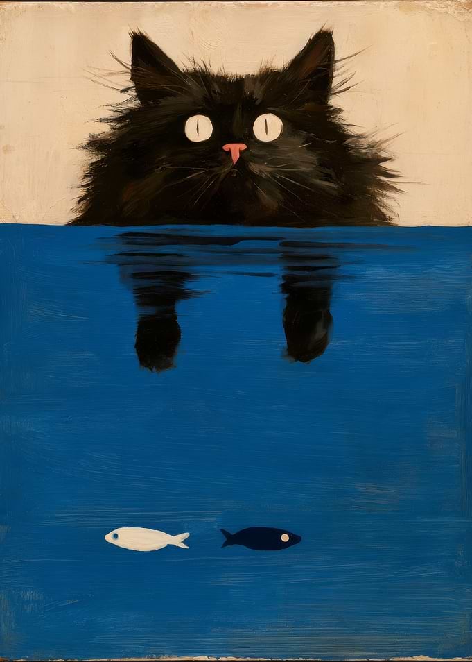 Black Cat Watching Fish Underwater