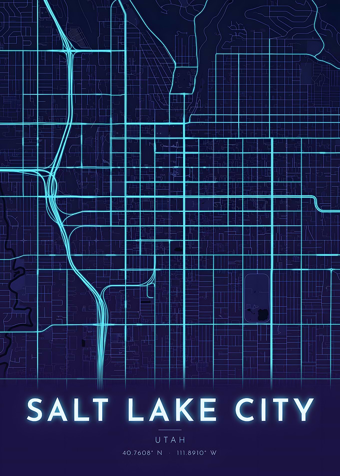 Salt Lake City Neon Blue Glow City Map Poster