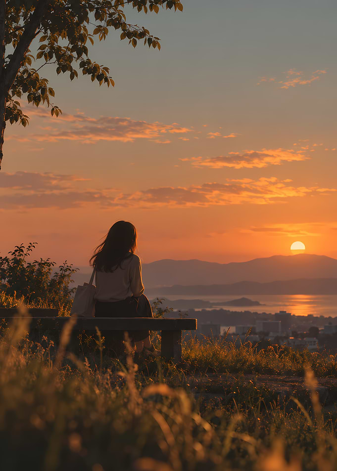 Woman Watching Sunset Over City