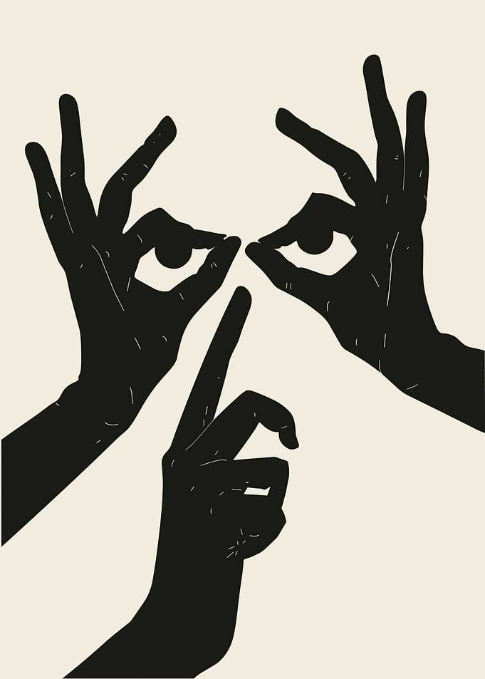 Hands Making Binoculars and Silence Gesture