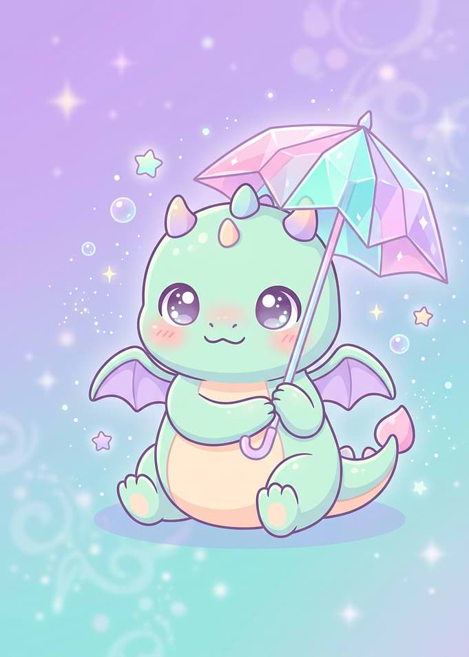 Cute Baby Dragon with Pastel Umbrella