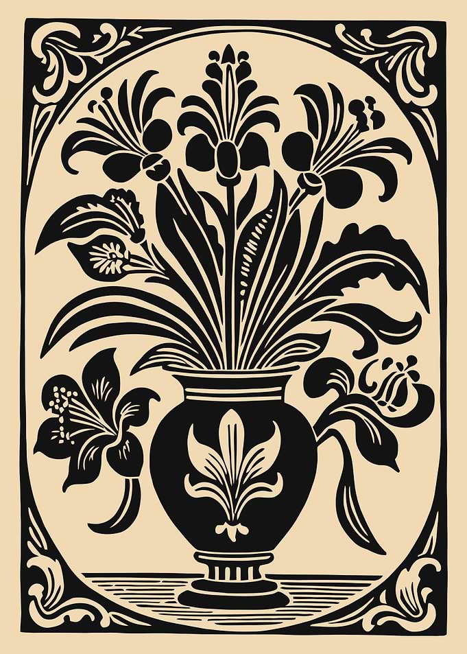 Vintage Floral Vase Woodcut Illustration