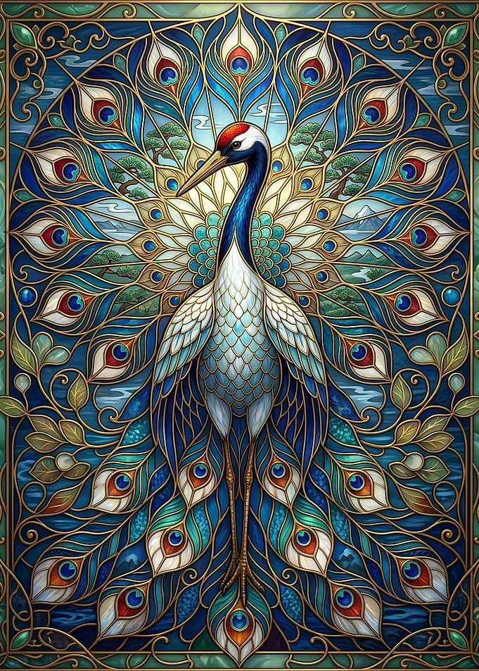 Stained Glass Red-Crowned Crane Art