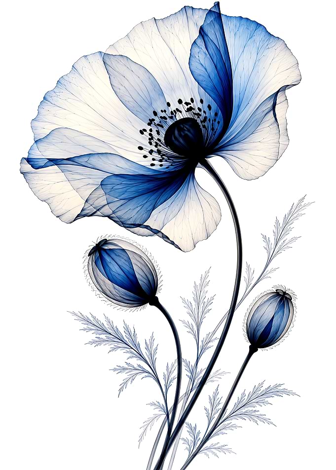 X-ray Style Blue Poppy Illustration