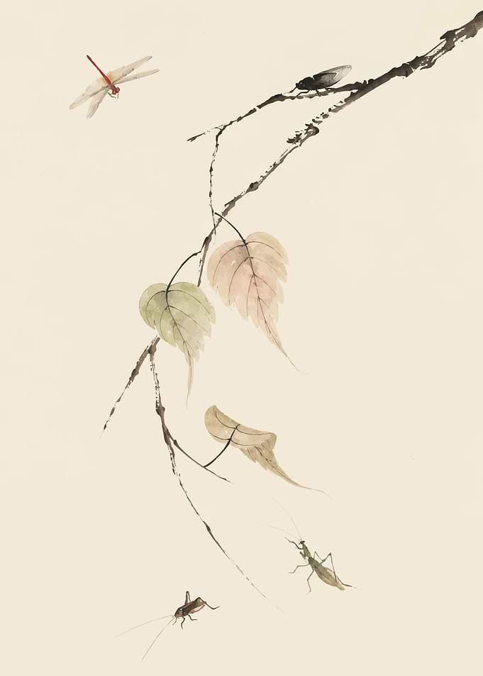 Traditional Ink Wash Painting of Insects
