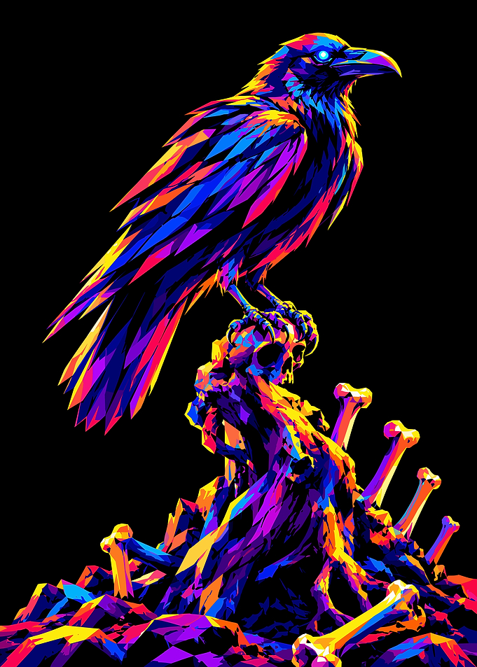 Colorful Low Poly Raven on Bones