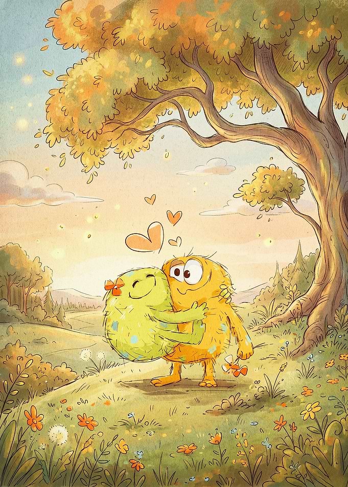 Cute Monsters Hugging Fairytale Art