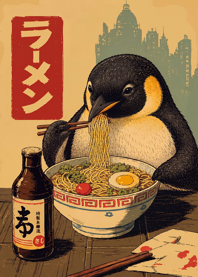 Penguin Eating Ramen Illustration