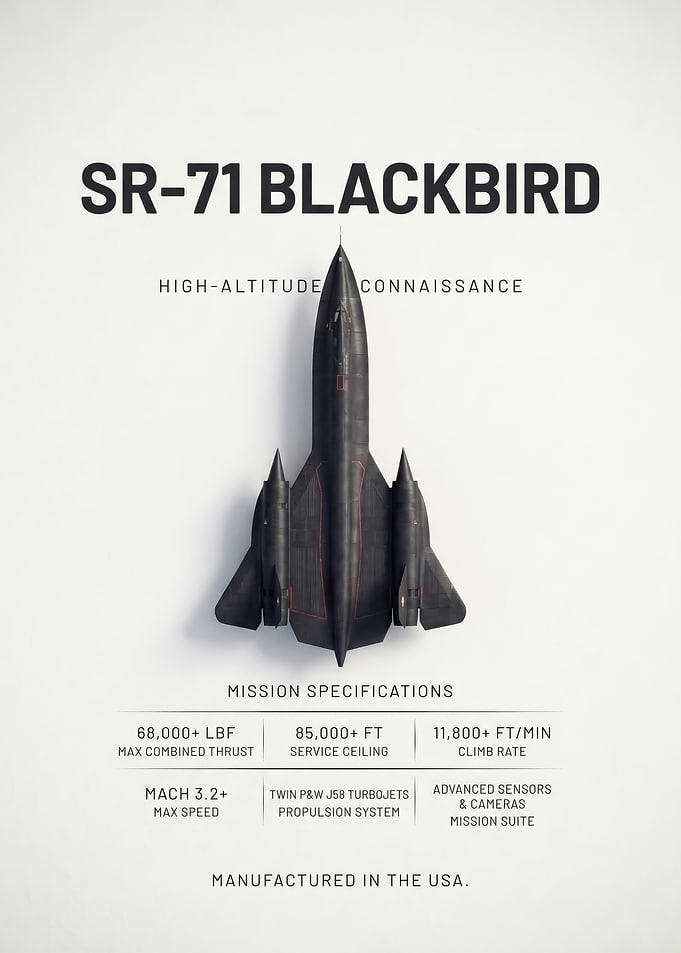 white background black sleek SR71 jet Blackbird poster
