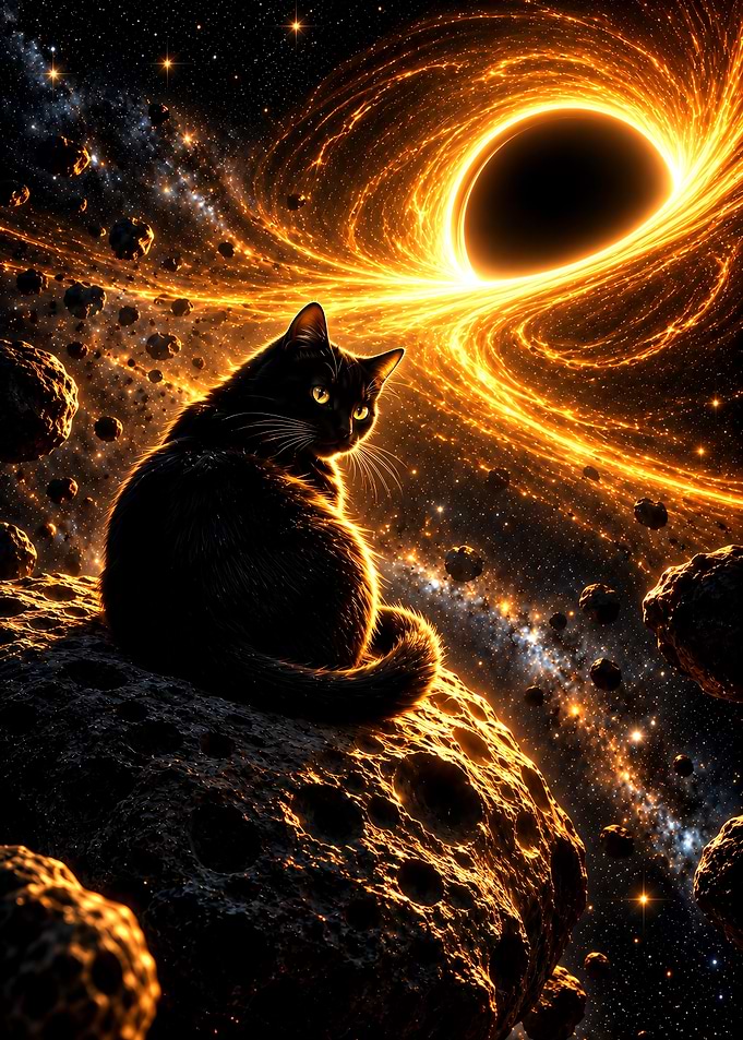 Black Cat Sitting on Asteroid