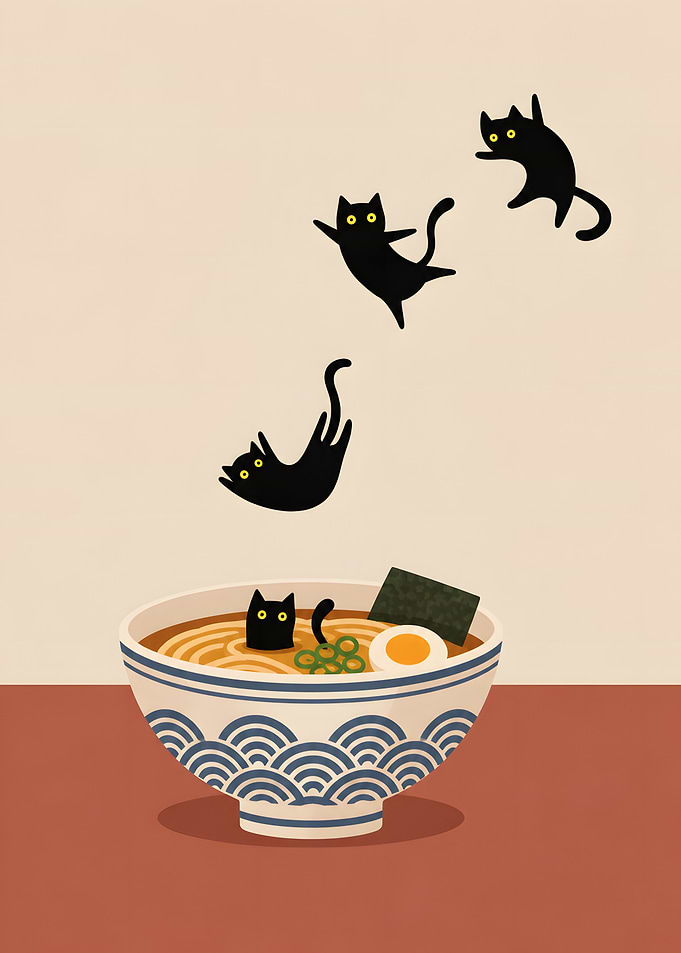 Black Cats Falling Ramen Bowl