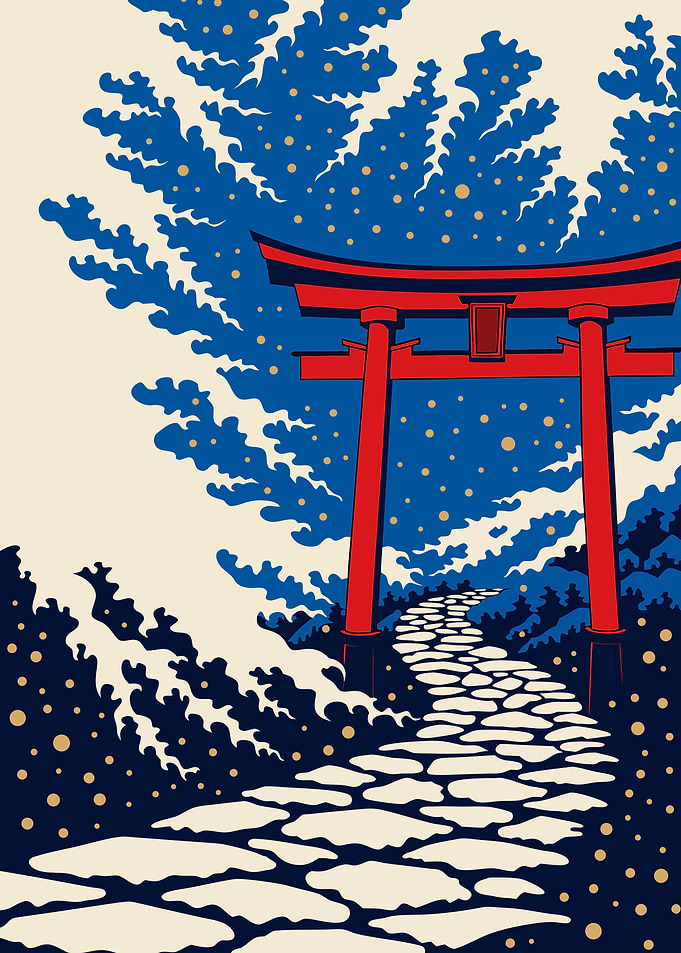 red Shinto torii gate in morning mist with a stone path — Japanese Woodblock Art Print