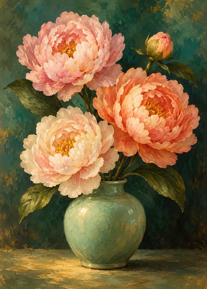 Peonies in a Teal Vase