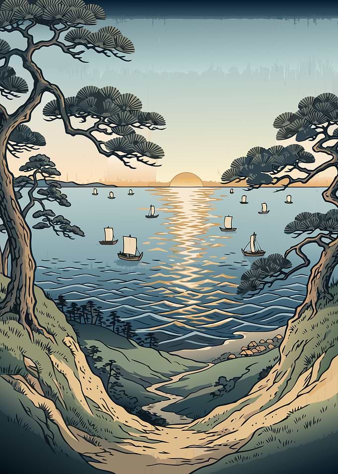 Ukiyo-e Style Sunset Seascape