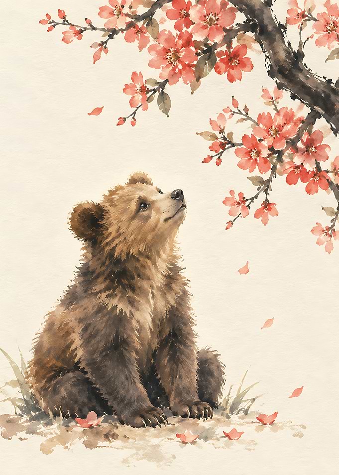 Watercolor Bear Cub and Cherry Blossoms