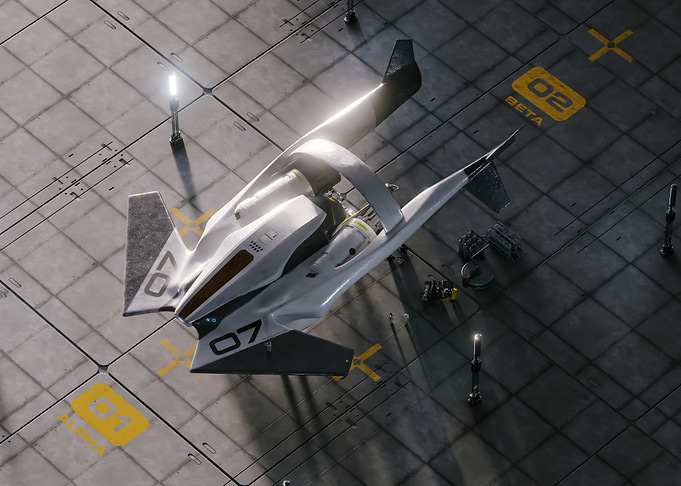 Futuristic White Spacecraft on Hangar Pad