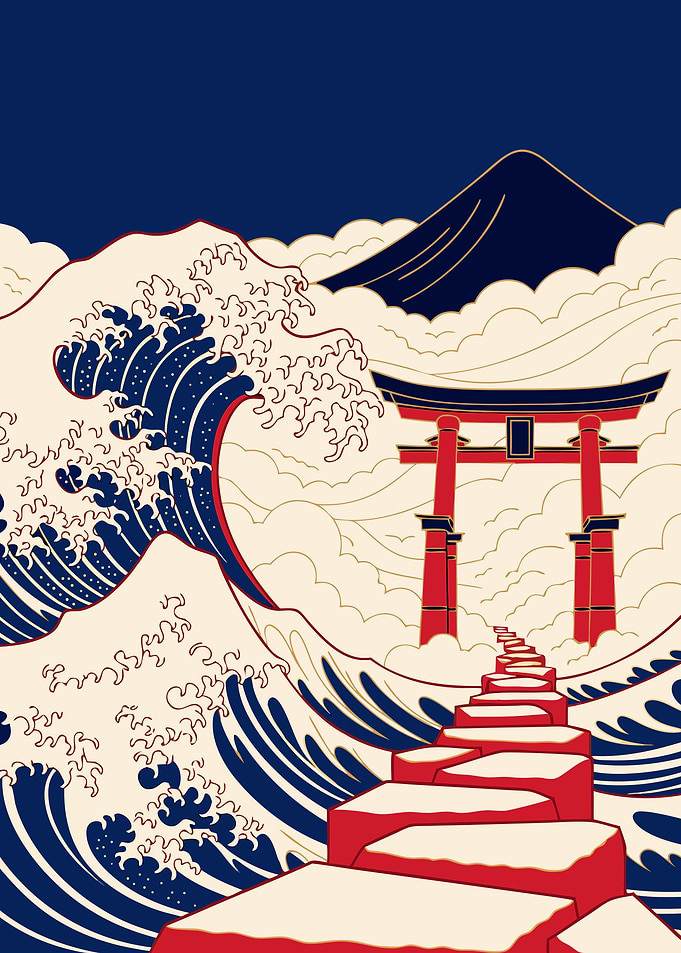 Japanese Torii Gate Ukiyo-e Metal Poster, No Text