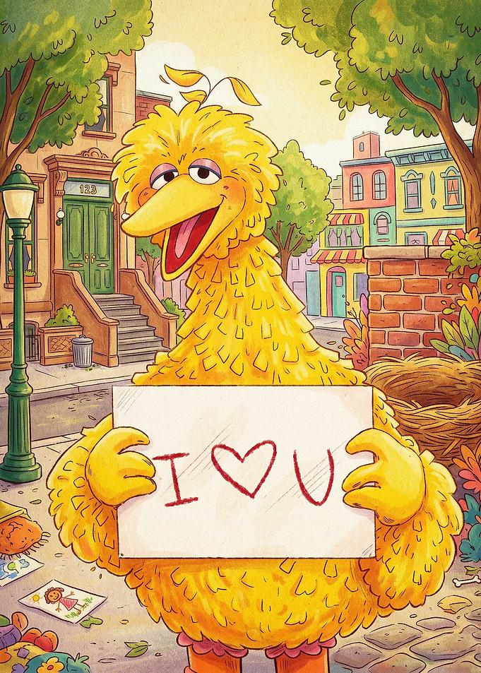 Big Bird Holding I Love You Sign