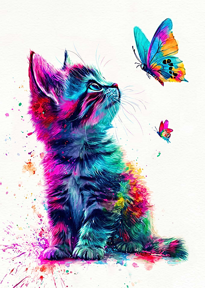 Colorful Watercolor Kitten and Butterflies