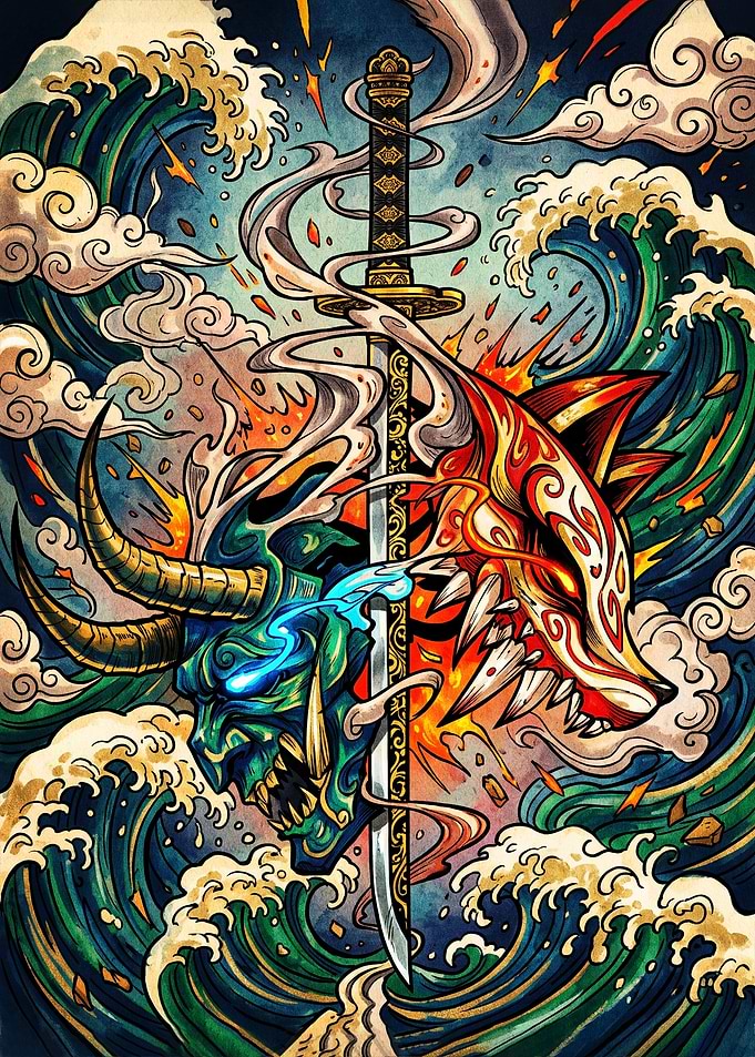 Oni and Kitsune Katana Art