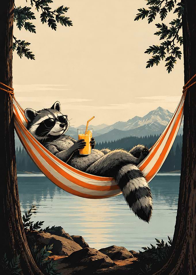 Relaxed Raccoon in a Hammock