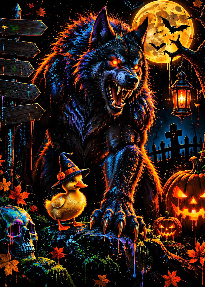 Werewolf and Witch Duck Halloween Scene