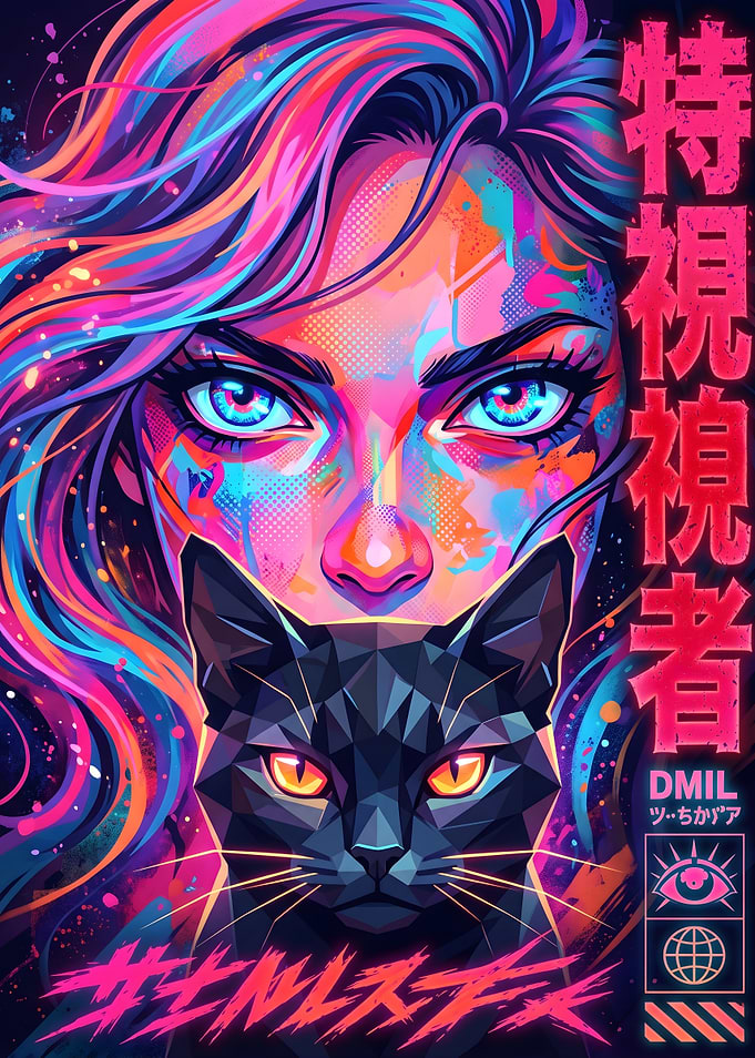 Neon Cyberpunk Woman and Geometric Cat