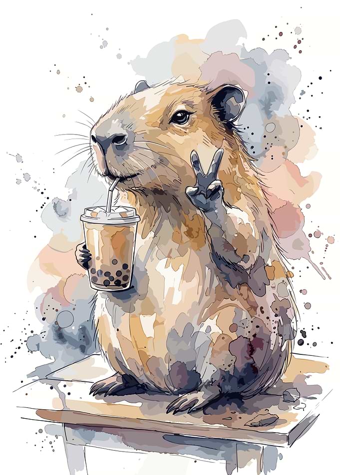 Capybara Drinking Boba Tea Illustration