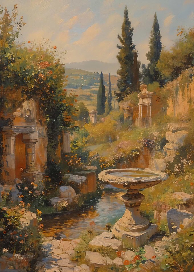Oil Painting of Ancient Garden Ruins