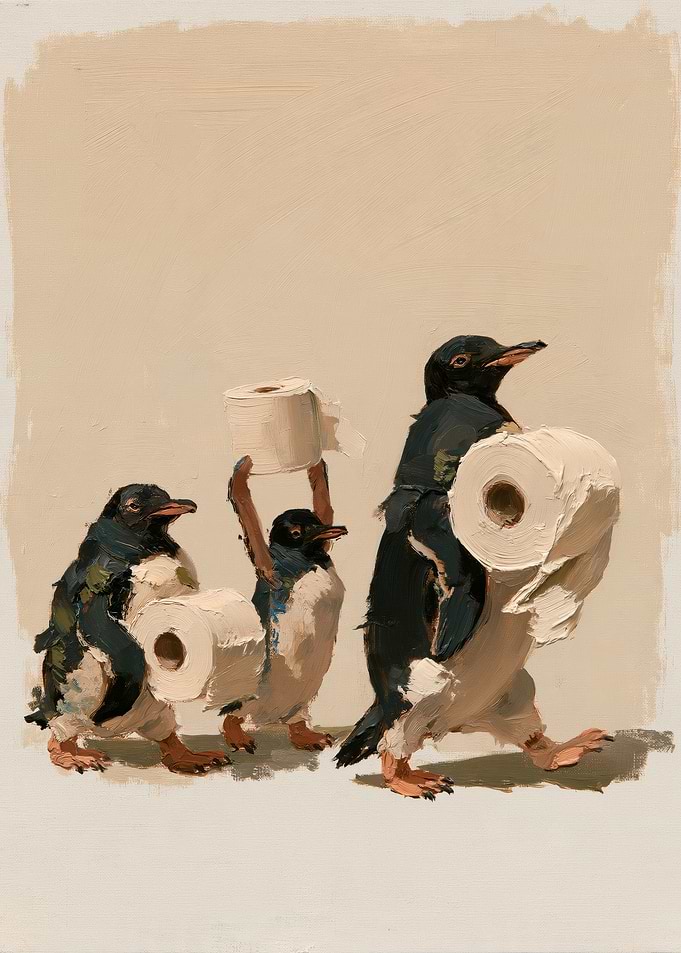 Three Penguins Carrying Toilet Paper