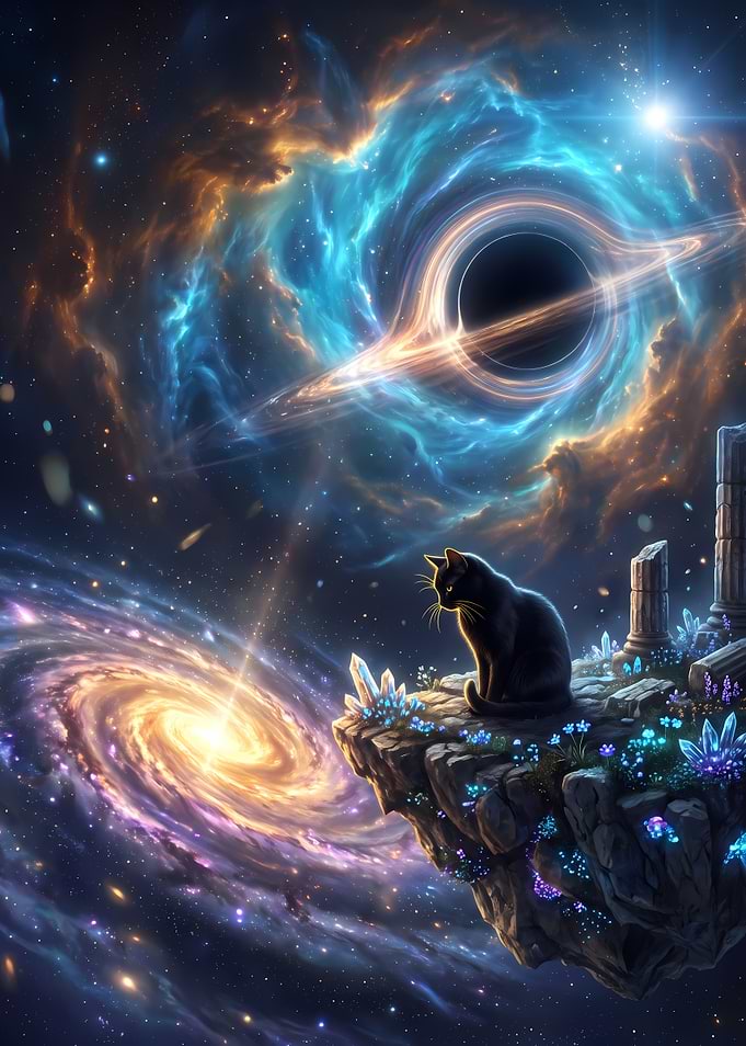Black Cat Watching Cosmic Galaxy