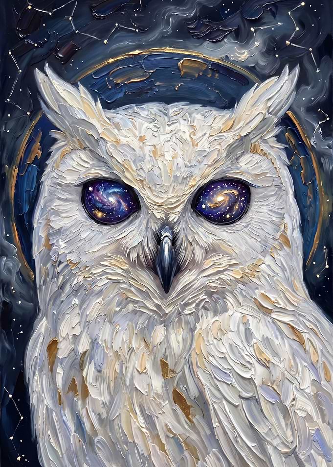 Cosmic White Owl Oil Painting
