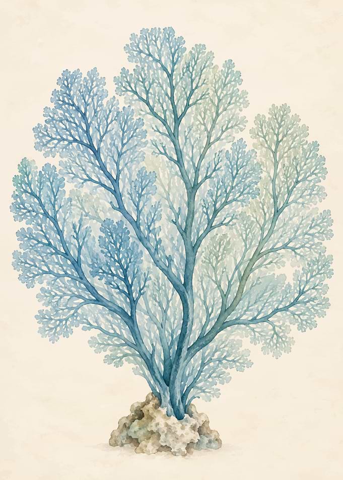 Vintage Watercolor Blue Sea Fan Coral
