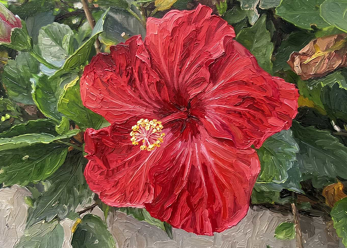 Oil Painting of Vibrant Red Hibiscus