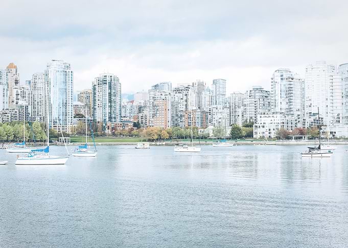 Vancouver, Canada | Panoramic skyline view of Creekside skyscrapers and False Creek marina in British Columbia