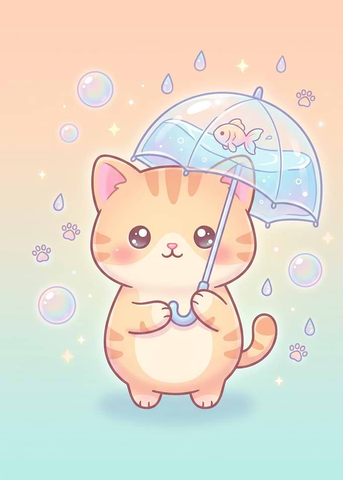 Cute Kawaii Cat with Umbrella
