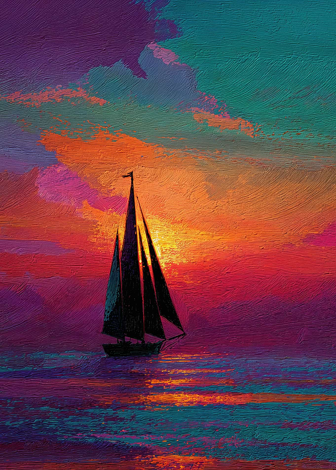 Sailboat Silhouette Crossing Vibrant Impasto Sunset Waters