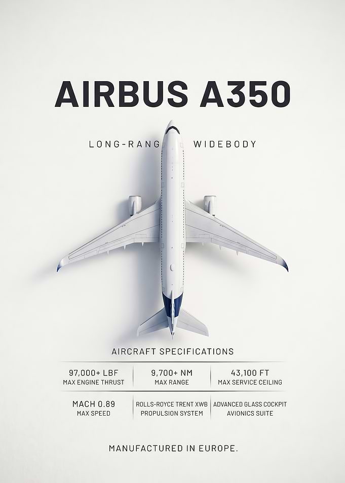 white background white sleek airbus A350 aircraft poster