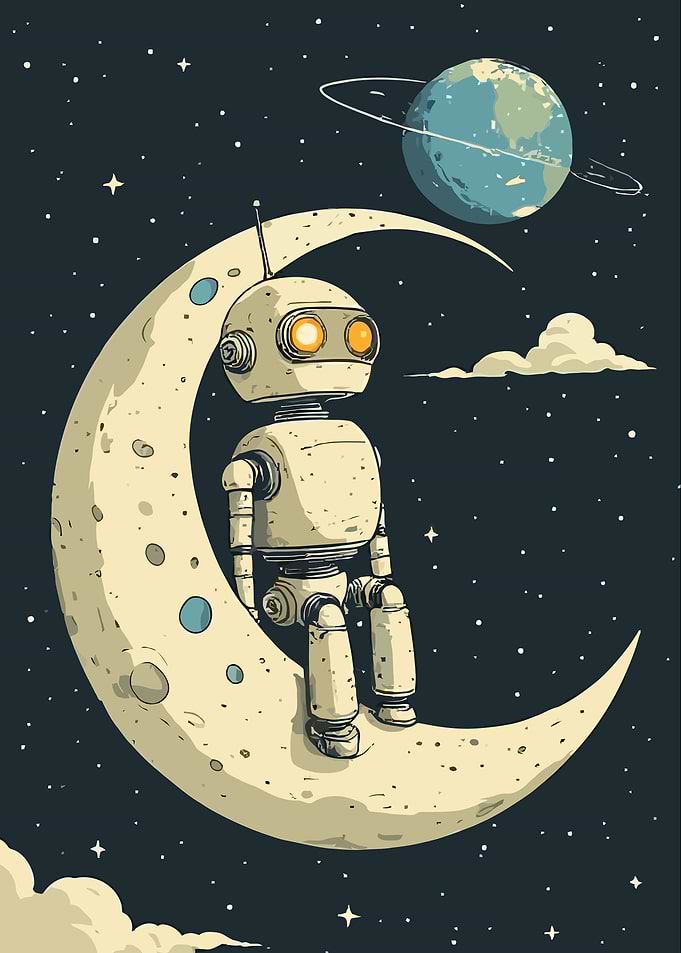 Robot Sitting on a Crescent Moon Retro