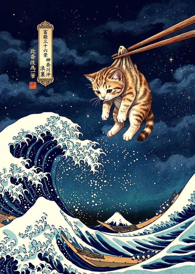Cat Held by Chopsticks Over Wave