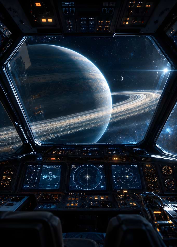 Spaceship Cockpit View of Ringed Planet