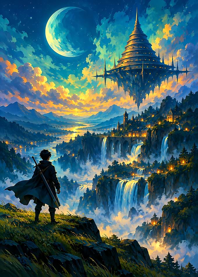 Fantasy Warrior Overlooking Floating Castle