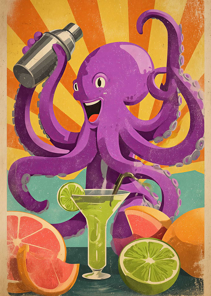 Vintage Octopus Bartender Cocktail Poster