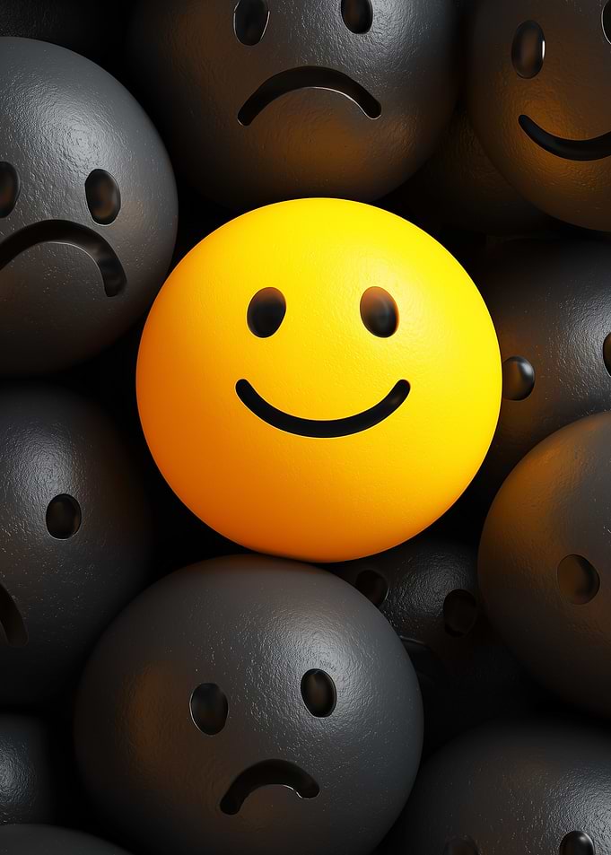 Bright Yellow Smiley Among Sad Spheres