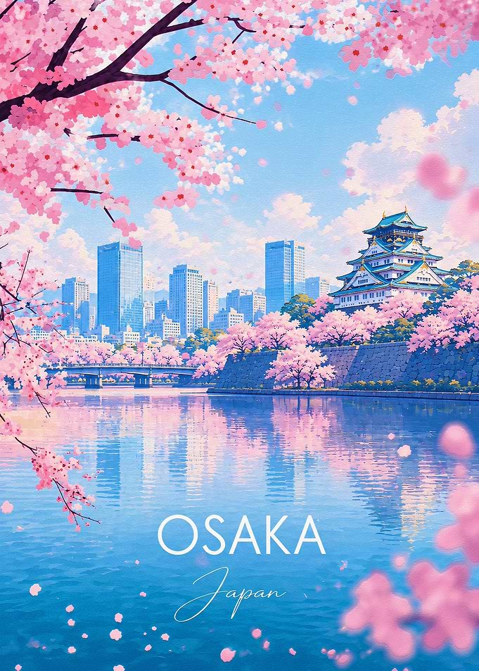 Osaka Japan Cherry Blossom Travel Poster