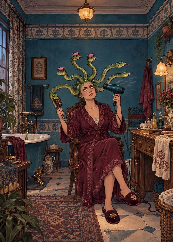 Medusa Getting Ready in Bathroom