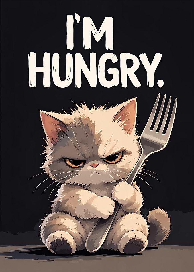 Grumpy Hungry Kitten Holding Fork