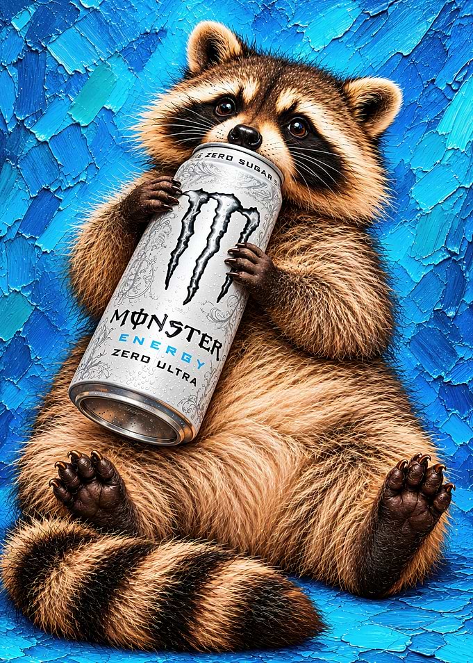 Raccoon Drinking Monster Energy Drink