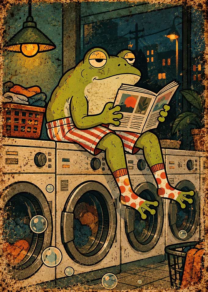 Frog Reading on Washing Machine