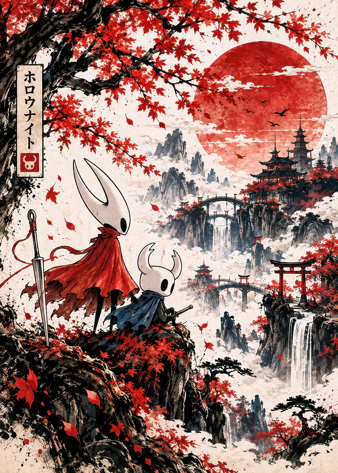 Hollow Knight Characters in Japanese Landscape